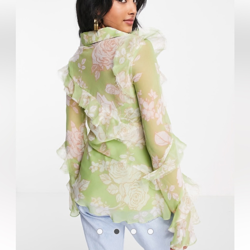 NWT•ASOS DESIGN Curve V-Neck Ruffle Blouse Green Floral Print Size US 18 - Picture 2 of 11